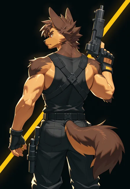 masterpiece, best quality,  <lora:Zheman:1> zheman, dog boy, yellow eyes, tail, top tank, pants, fingerless gloves, <lora:Lines_Light_Background_Illustration:1>, lines_light_background, back view, holding gun, yellow line, black background