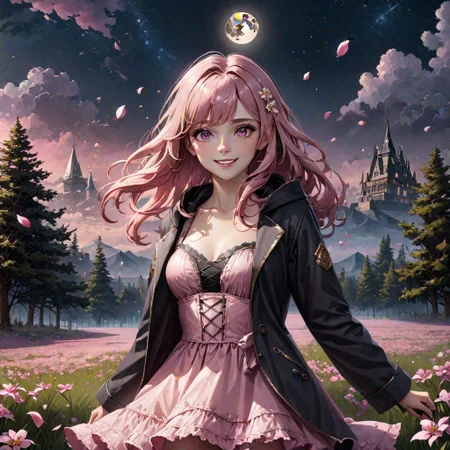 best quality,masterpiece,ultra high res,(photorealistic:1.4),raw photo,(colorful),beautiful eyes,upper body,cinematic lighting,extremely detailed CG unity 8k wallpaper,aura,aura_raen,(white_whorns:1.2),white_scales,1girl, solo,grin,(pink hair:1.3),negligee,hooded coat,medium-orchid eyes,((flying petal)),(Flowery meadow),sky, cloudy_sky, building, moonlight, moon, night, (dark theme:1.3), light, fantasy , <lora:aura_autodl_v2.0:0.6:OUTD>