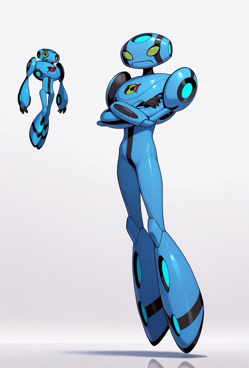 <lora:ulteco-10:1> ulteco, pokemon (creature),blue robot, green eyes, closed mouth, floating, straight legs, crossed arms, masterpiece, best quality, amazing quality, very aesthetic, absurdres, newest,