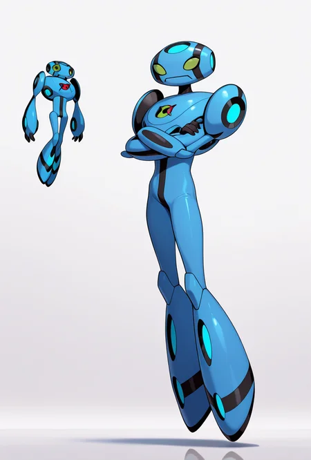 <lora:ulteco-10:1> ulteco, pokemon (creature),blue robot, green eyes, closed mouth, floating, straight legs, crossed arms, masterpiece, best quality, amazing quality, very aesthetic, absurdres, newest,