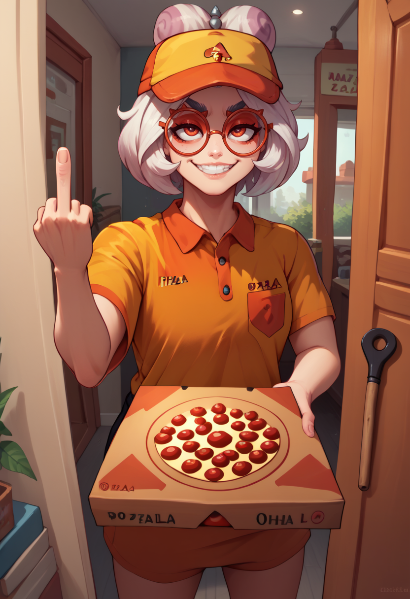 score_9, score_8_up, score_7_up, pizza box, employee uniform, pov, pizza delivery, <lora:GettingPizzaDeliveredPOV_pdxl_Incrs_v1:1>, <lora:purah-pdxl-nvwls-v1:0.8> purah, red glasses, smirk, middle finger, holding,