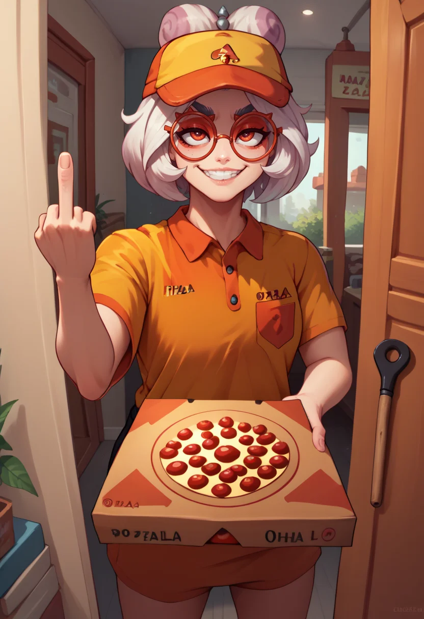 score_9, score_8_up, score_7_up, pizza box, employee uniform, pov, pizza delivery, <lora:GettingPizzaDeliveredPOV_pdxl_Incrs_v1:1>, <lora:purah-pdxl-nvwls-v1:0.8> purah, red glasses, smirk, middle finger, holding,