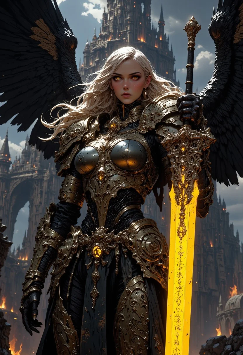 This high-quality digital artwork depicts a fierce, armored female warrior angel with long, flowing golden hair, holding an intricate glowing, runed yellow long sword. She has large, black wings and is clad in intricately designed, dark metal armor that covers her torso and arms. Her expression is determined and powerful. The background features a skyhigh dark tower with a bizarre and horrifying architecture. The camera angle is low, looking up at the female warrior angel, emphasizing her imposing presence. The depth of field is shallow, keeping her in sharp focus while the background is slightly blurred. The overall aesthetic quality is very high, showcasing excellent use of lighting and composition.