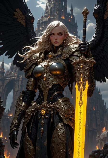 This high-quality digital artwork depicts a fierce, armored female warrior angel with long, flowing golden hair, holding an intricate glowing, runed  yellow long sword. She has large, black wings and is clad in intricately designed, dark metal armor that covers her torso and arms. Her expression is determined and powerful. The background features a  skyhigh dark tower with a bizarre and horrifying architecture. The camera angle is low, looking up at the female warrior angel, emphasizing her imposing presence. The depth of field is shallow, keeping her in sharp focus while the background is slightly blurred. The overall aesthetic quality is very high, showcasing excellent use of lighting and composition.