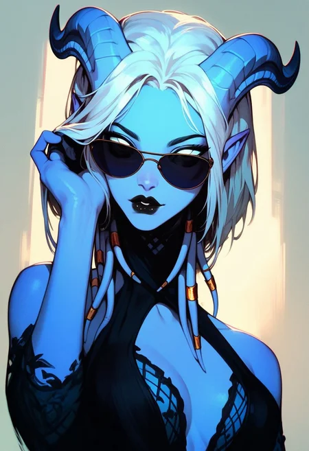 score_9, score_8_up, score_7_up, score_6_up, gthan, draenei, blue skin, dark blue dress, blue shaded sunglasses, black lipstick, hand in hair, seducing look, face focus, dynamic angle, detailed