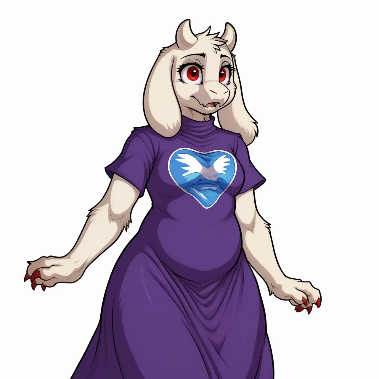 PonyXLV6_Scores ,
PnyCmicXLPOS,
DskfllArtPosXLPNY,
1girl,
female focus,
solo,
monster,
toriel,
goat,
white horns,
dress,
purple dress,
red eyes,
white background,
simple background,
<lora:Toriel_Undertale_Pony_SDXL:1>