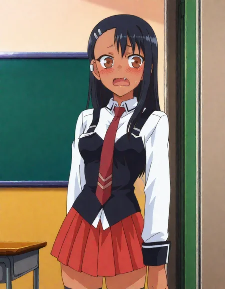 anime screencap, masterpiece, best quality, school classroom,
<lora:IjiranaideNagatoro_Nagatoro_IlluXL:1>,
1girl, solo, open mouth, fang, nervous, dark skin, looking around,
long hair, black hair, asymmetrical bangs, brown eyes, hairclip, earclip,
standing, looking at viewer, cowboy shot,
<lora:bb_uniform_ilxl_v1:0.8> BB_Uniform, school uniform, black vest, white shirt, sleeve cuffs, red necktie, pleated skirt, red skirt, black thighhighs
