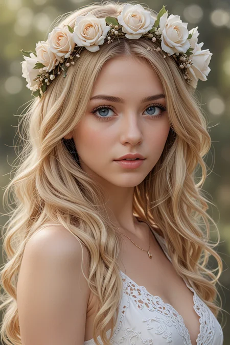 (best quality, 4k, 8k, high-res, masterpiece:1.2), ultra-detailed, (realistic, photorealistic, photo-realistic:1.37), hyper realistic, 1girl, elegant long hair, looking at viewer, realistic proportions, blue eyes, hair ornament, dress, very long hair, flower, blonde hair, parted lips, necklace, white dress, blonde hair, lips, blurry, bokeh background, realistic, head wreath, rose flower, realistic portrait