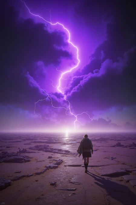 An open expanse of parched, cracked ground stretches as far as the eye can see, littered with ancient ruins half-buried in shifting sands. In the distance, a towering stormfront rolls in, dark clouds churning and flashing with streaks of violet lightning. A lone traveler in worn leathers and a tattered cloak trudges through the desolate landscape, their eyes fixed on the approaching storm. In their hand, they hold a shimmering crystal, which flickers with light in response to the distant thunder. As the storm draws nearer, the air becomes heavy with anticipation, as if the very land is holding its breath.,ck-nw, in the style of ck-nw<lora:ck-Neon-Retrowave>