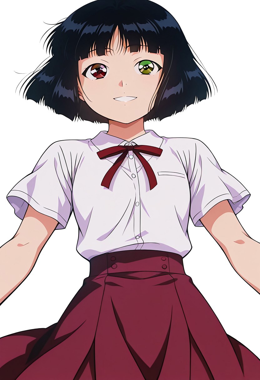 score_8_up, score_7_up, anime screencap, anime art style, best quality, hyper detailed,masterpiece, ruri madarame, bob cut, short hair, black hair, odd eye, ((right brown eye:1)), (left green eye:1), 1girl, solo, bangs, shirt, skirt, short sleeves,smile, happy, dynamic pose