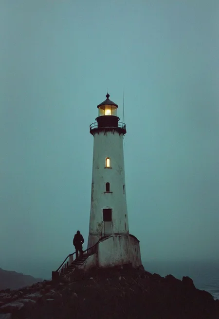 soaked_brand_pfeffi_KB, In a grainy, handheld video, a lone explorer investigates an old, decrepit lighthouse on a foggy night. As he ascends the spiral staircase, strange whispers and ghostly moans fill the air. At the top, he encounters a monstrous, ethereal being with tentacles and multiple glowing eyes. The footage is chaotic and filled with static, capturing the explorer's terror and the creature's unearthly presence.