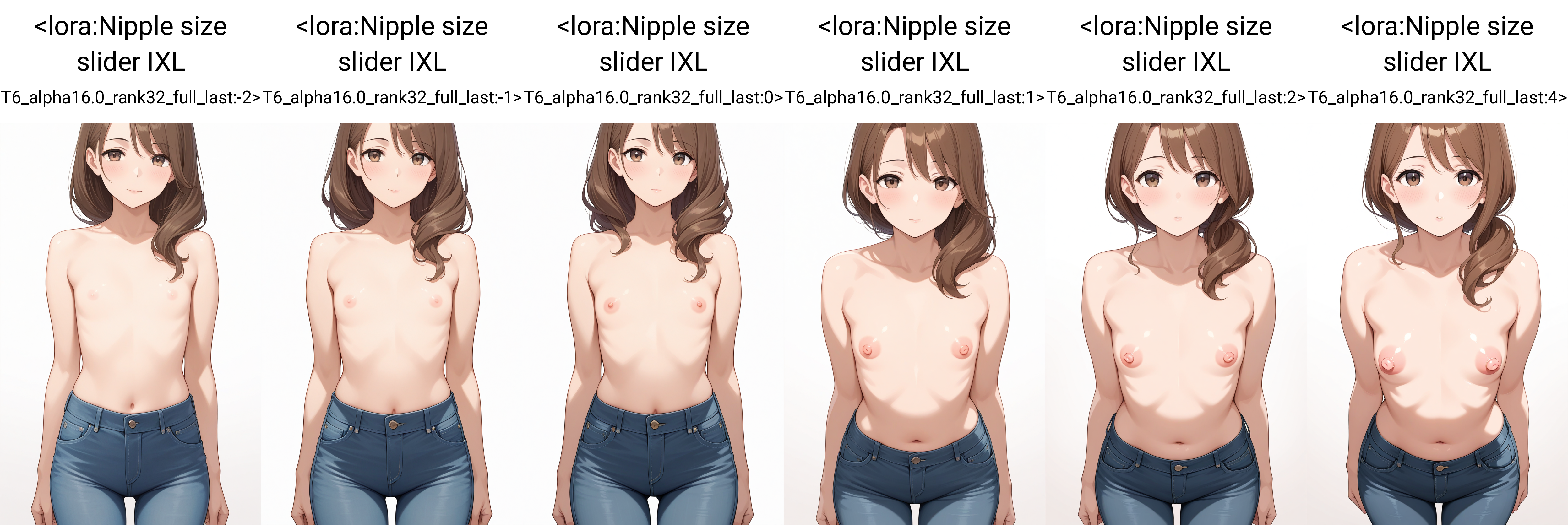 masterpiece, best quality,  masterpiece, best quality, 1girl, mature female, jeans, topless, straight-on, standing, flat chest, white background, nipples, solo, looking at viewer, brown eyes,    <lora:Nipple size slider IXL T6_alpha16.0_rank32_full_last:-2>
