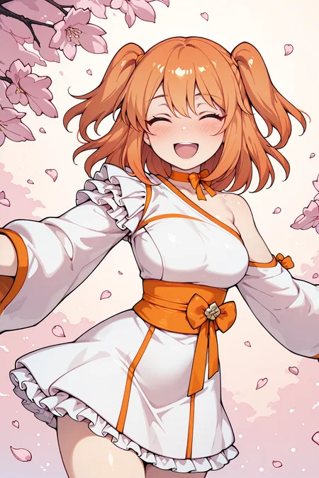 masterpiece, best quality, amazing quality, 1girl, solo, 
:D,^ ^,blush,breasts,choker,closed eyes,cowboy shot,dress,facing viewer,falling petals,frilled dress,frills,medium breasts,medium hair,obi,obijime,open mouth,orange choker,orange hair,orange ribbon,orange sash,outstretched arms,petals,pink petals,ribbon,ribbon choker,sash,short dress,single bare shoulder,smile,spread arms,suisai sekai,two side up,white dress,