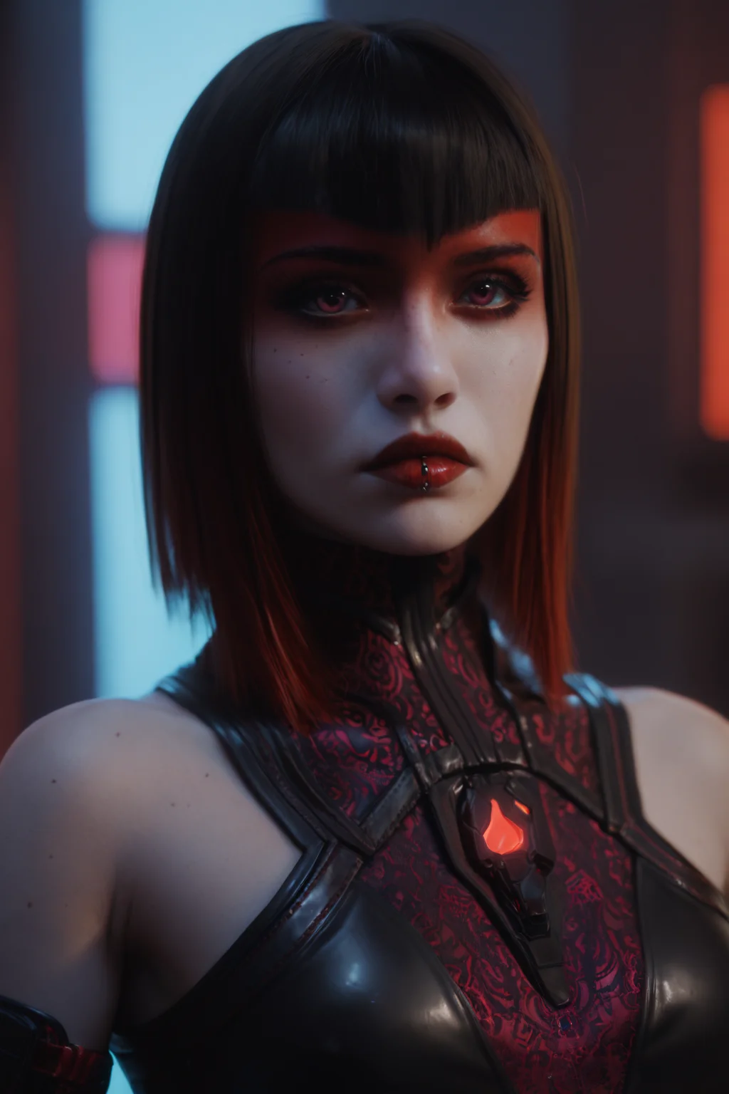 Techwear fashion neonpunk style ((Glamour Portrait)),(score_9, score_8_up:1.1),score_7_up,
<lora:Countess_-_Paragon_-_PONY_-_Deal_project_nsfwsfw:0.9>1girl, Count3ss Parag0n, Short black bob hairstyle, long bob cut, straightened, neat hair, red-tinted highlights on the hair ends, Subtle jewelry, elegant dark accessories, lower lip piercing., RAW candid cinema, 16mm, color graded portra 400 film, remarkable color, ultra realistic, textured skin, remarkable detailed pupils, realistic dull skin noise, visible skin detail, skin fuzz, dry skin, shot with cinematic camera . cyberpunk, vaporwave, neon, vibes, vibrant, stunningly beautiful, crisp, detailed, sleek, ultramodern, magenta highlights, dark purple shadows, high contrast, cinematic, ultra detailed, intricate, professional . Futuristic, cyberpunk, urban, tactical, sleek, dark, highly detailed