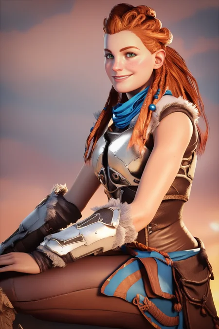 score_9, score_8_up, score_7_up, masterpiece, high quality, BREAK
 <lora:AloyPonyLoRA:1>aly, long hair, multiple braids, freckles, hair ornament, scarf, top, fur trim, bracer, skirt, smile, armor, belt, sitting, from side, looking at viewer