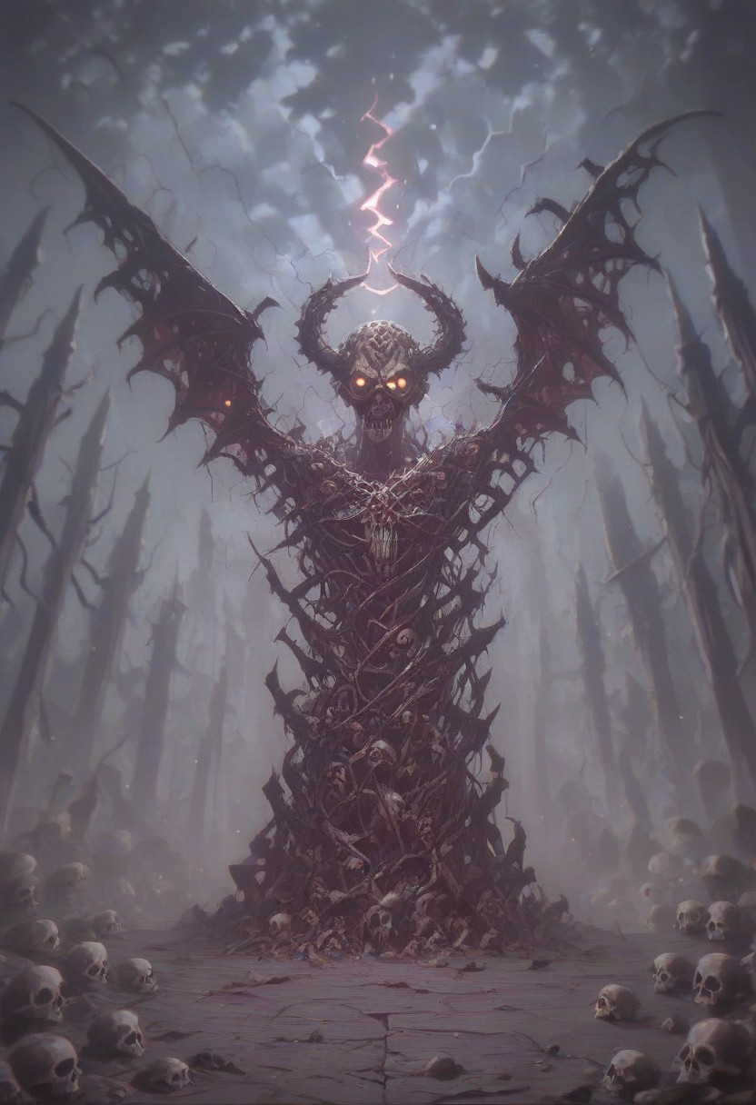 score_9, score_8_up, score_7_up, slimes_skullwm, hell background, (angel) made of skulls, angel wings, flame, dark, blood, lightning, Vintage, 1990s \(style\),   darkness, chaos, [smoke], light and shadows by reij-shdwgms