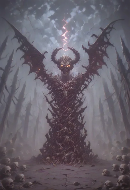 score_9, score_8_up, score_7_up, slimes_skullwm, hell background, (angel) made of skulls, angel wings, flame, dark, blood, lightning, Vintage, 1990s \(style\),   darkness, chaos, [smoke], light and shadows by reij-shdwgms