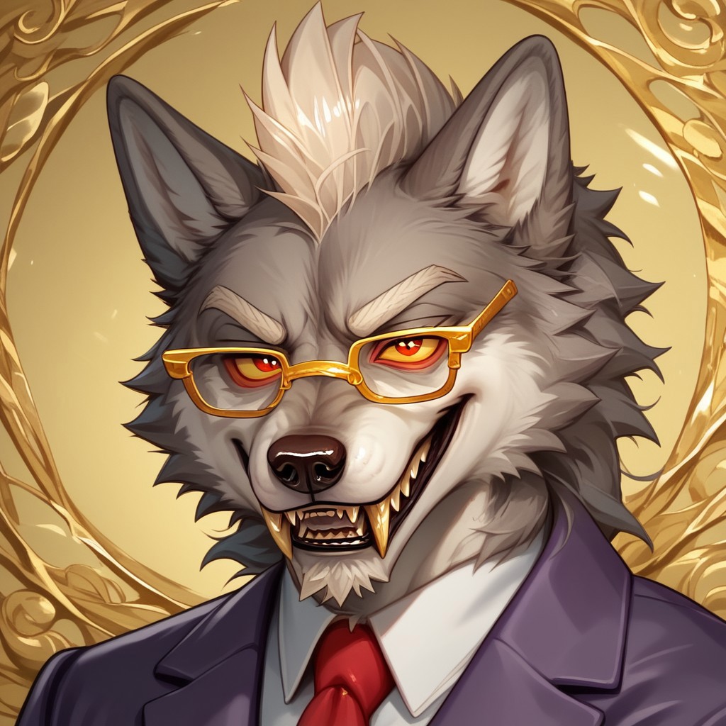 score_9, score_8_up, score_7_up, score_6_up, score_5_up, score_4_up, source_furry
((solo, anthro, 1boy)), light grey fur, white mohawk, sharp fangs, wolf, long white goatee, red iris, yellow sclera, white bushy eyebrows, VonKaramel, gold trimmed glasses, purple suit, red tie, detailed background, looking at viewer, hands in pocket, smiling, narrowed eyes, (bust portrait, partial side view)