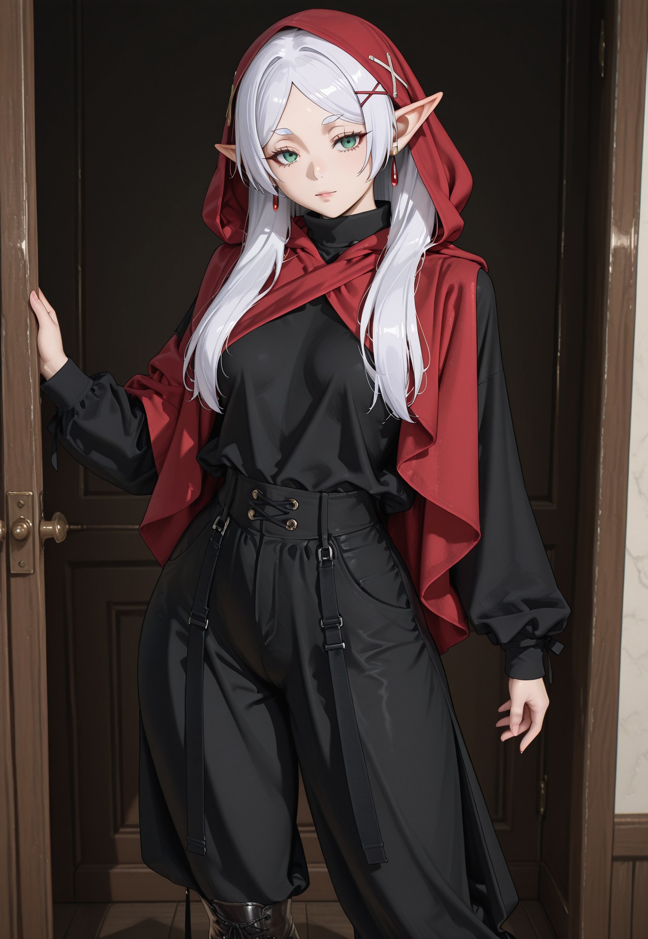 Frieren, 1girl, long hair, white hair, green eyes, x hair ornament, solo,, 1girl, long hair, green hair, green eyes, solo, black pants, black shirt, red hooded shawl, boots, standing like a model, perfect curvy figure, sexy, high-end fashion, elegant and seductive pose, high quality, masterpiece, highly detailed, intricate details, ultra-detailed, photorealistic