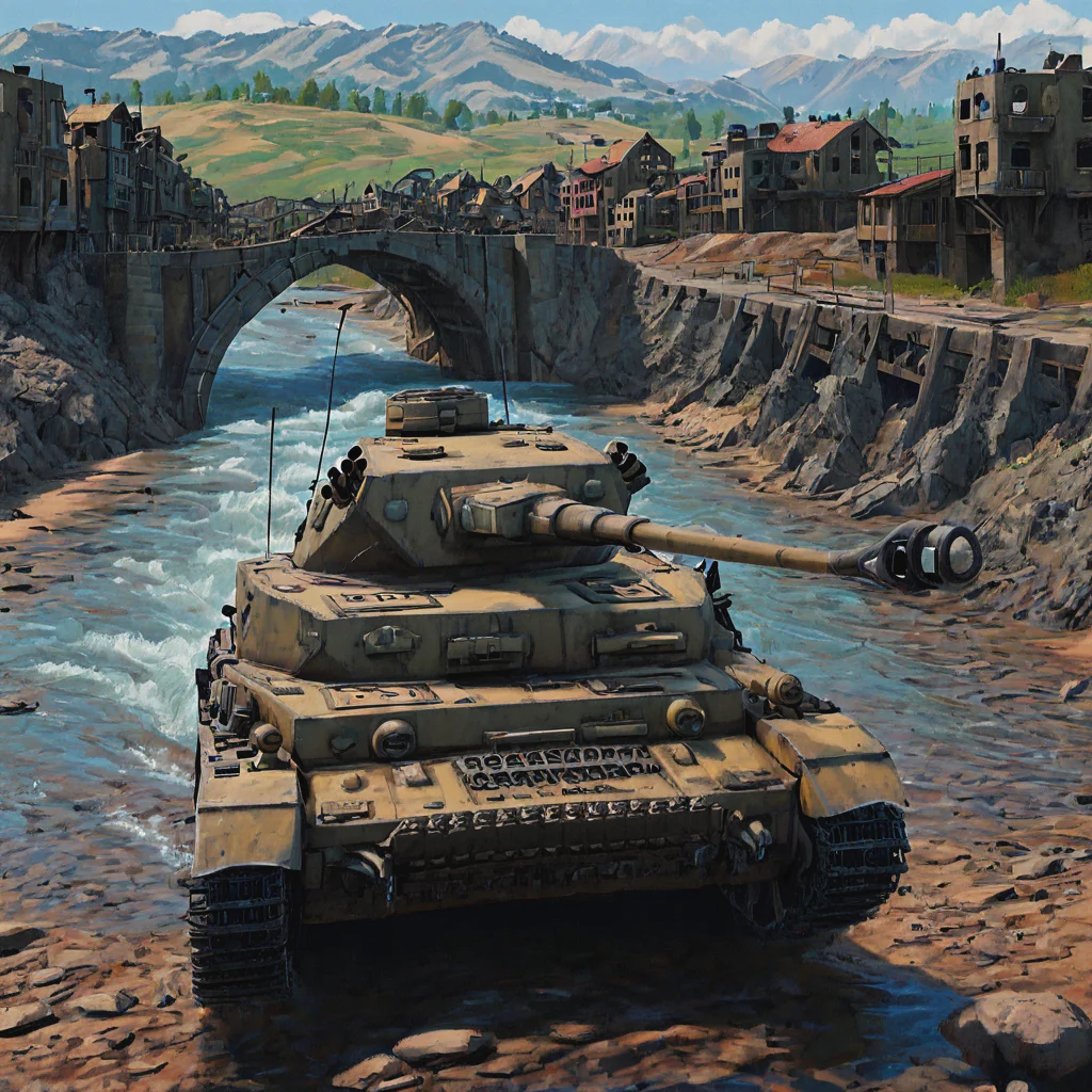 A pnzr4tnk tank retreats across a bridge in the Balkans, part of a German column withdrawing under pressure from Partisan and Allied forces. The rugged mountainous terrain and the urgency of the retreat highlight the widespread deployment of the Panzer IV across all fronts of the European theater ((pulp_comic, heavy_lines, hand_drawn, hand_inked, hand_colored, perfect_face, apxlz))