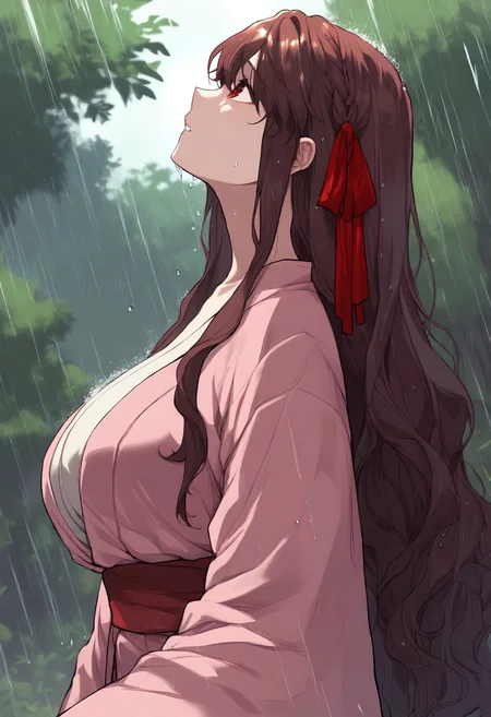 score_9, score_8_up, score_7_up, score_6_up, source_anime, rating_explicit, 1girl, (solo:1.1), huge breasts, <lora:Geum Saryeon prefectPonyxl:0.8> wavy hair, long hair, brown hair, red eyes, hair ribbon, red ribbon, single braid, red hair, sidelocks, japanese clothes, pink kimono, red sash, long sleeves, wide sleeves, expressionless, rain, forest, outdoors, looking up, from side, wet