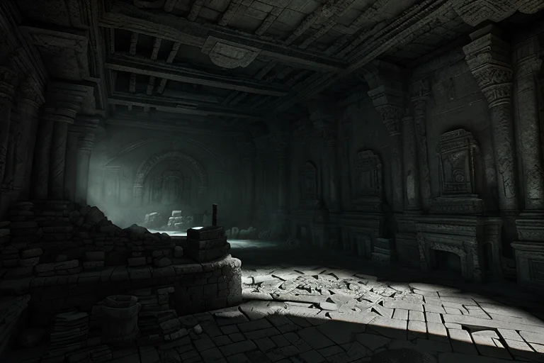 dark cave with a maya sculpture, style_tombraider
