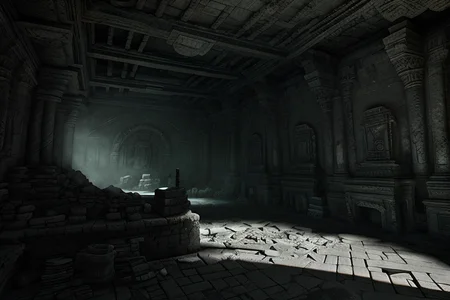 dark cave with a maya sculpture, style_tombraider