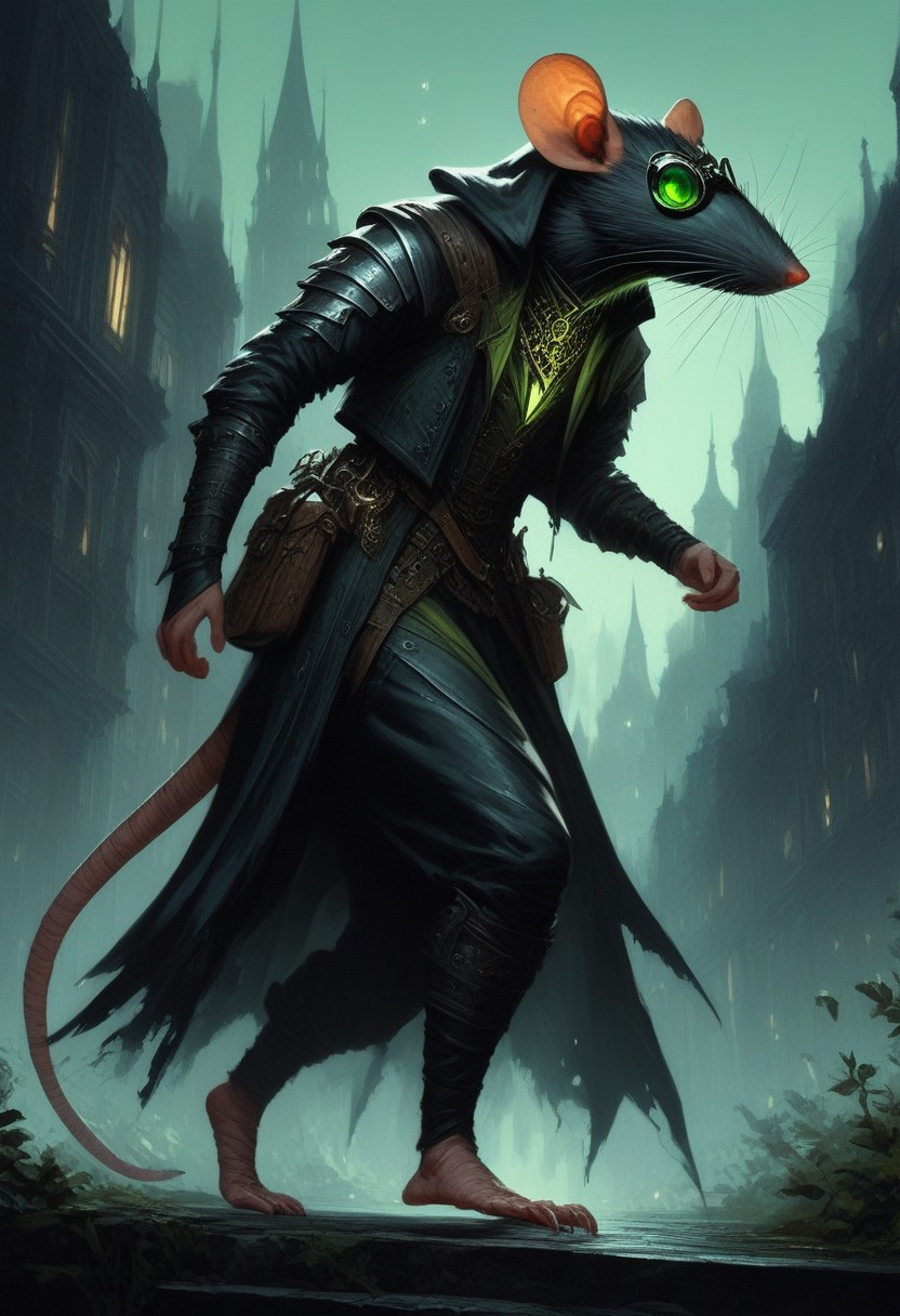 BREAK score_9, score_8_up, score_7_up,  victorian city, night, ominous, solo,  rat man, black longcoat, wearing goggles, green glow eyes, hood, dynamic pose, leaning forward, fully body shot , leather armour, sneaking, full body shot, (tail: 1.5)
(masterpiece, best quality, ultra detailed, intricate details:1.2), (detailed face:1.1), (rat folk:1.5)