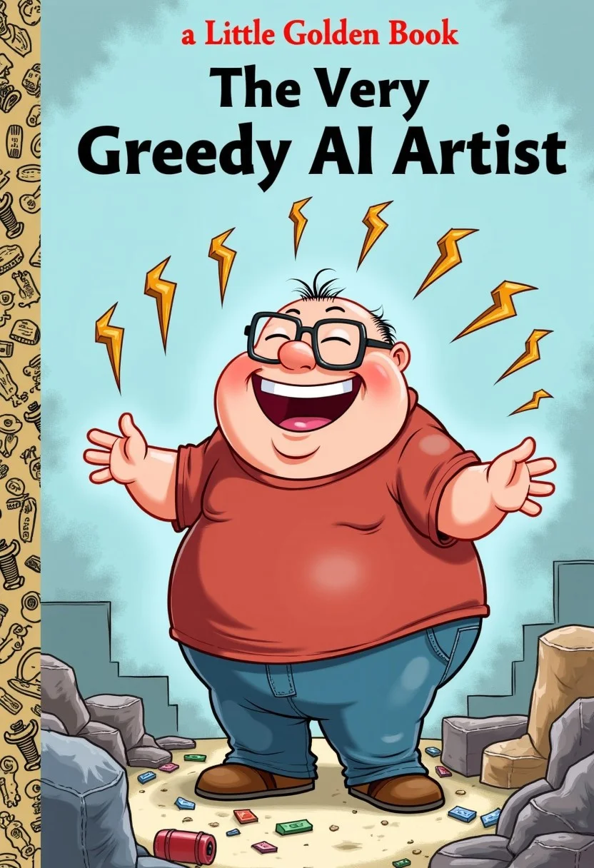 The front cover of a book in the "a Little Golden Book" series titled "The Very Greedy AI Artist", "a Little Golden Book" written just above the main title. A balding overweight man with glasses and ill fitting clothes in a dirty basement looks at the viewer. There are bolt icons all around him as he laughs and holds his hands out. The overall style of the illustration is playful and child-friendly with a soft pastel color palette. The left side of the cover is adorned with a golden decorative border