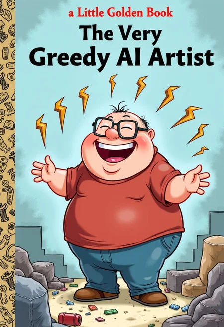 The front cover of a book in the "a Little Golden Book" series titled "The Very Greedy AI Artist", "a Little Golden Book" written just above the main title. A balding overweight man with glasses and ill fitting clothes in a dirty basement looks at the viewer. There are bolt icons all around him as he laughs and holds his hands out. The overall style of the illustration is playful and child-friendly with a soft pastel color palette. The left side of the cover is adorned with a golden decorative border