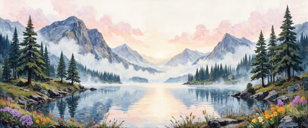 A delicate watercolor composition depicting a serene mountain lake at dawn, where misty vapors rise from the still water surface. Soft-edged mountains blend into a sky washed with gentle pinks and lavenders, their reflections bleeding seamlessly into the lake below. The foreground features translucent pine trees rendered in loose, gestural brushstrokes with granulating dark green pigments creating organic textures. Dappled light filters through morning fog, captured in luminous transparent glazes and controlled blooms where colors melt together. Scattered wildflowers appear as mere suggestions of purple and yellow, their forms defined more by negative space than lines. The composition demonstrates masterful wet-on-wet technique with subtle color transitions and bleeding edges, allowing the natural tooth of cold-pressed watercolor paper to create atmospheric depth. Light dances across the scene with ethereal luminosity, highlighting the characteristic transparency and unpredictable fluidity of watercolor medium. <lora:RM_Enhancer_v1.0_bf16:0.3> <lora:DND_GRAINYBOYZ_FG_FLUX_V2_ROMULUS_Lora:0.7> <lora:flux_floralizer:0.1> <lora:Bonafida.Studio:0.5> <lora:Memadukan_Brush_Strokes_of_Fineart:0.8> <lora:flux_dev:1>