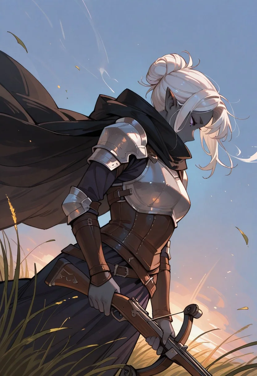 masterpiece, newest,absurdres,incredibly absurdres, best quality, amazing quality, very aesthetic, western comics \(style\), 
1girl, drow_elf, grey skin, white hair, violet eyes, cute face, sexy, hair in bun, afterglow, dynamic angle, profile, somber expression, looks down, closed eyes, wears ornate leather armor, long dark cape, dramatic cape, covered mouth, leather pauldrons, leather breastplate, arm guards,holding crossbow pointed down, large crossbow, tall grass field, wind blowing, vibrant solid blue background, sunset,
<lora:style1_v1_Illusv2.0_1:1> stylized  <lora:[Cygames Mobage (Hideo Minaba Yuya Nagai Ryoji Ohara)] Granblue Fantasy Art Style Illustrious_1656091:1> granbluefantasysyleil
