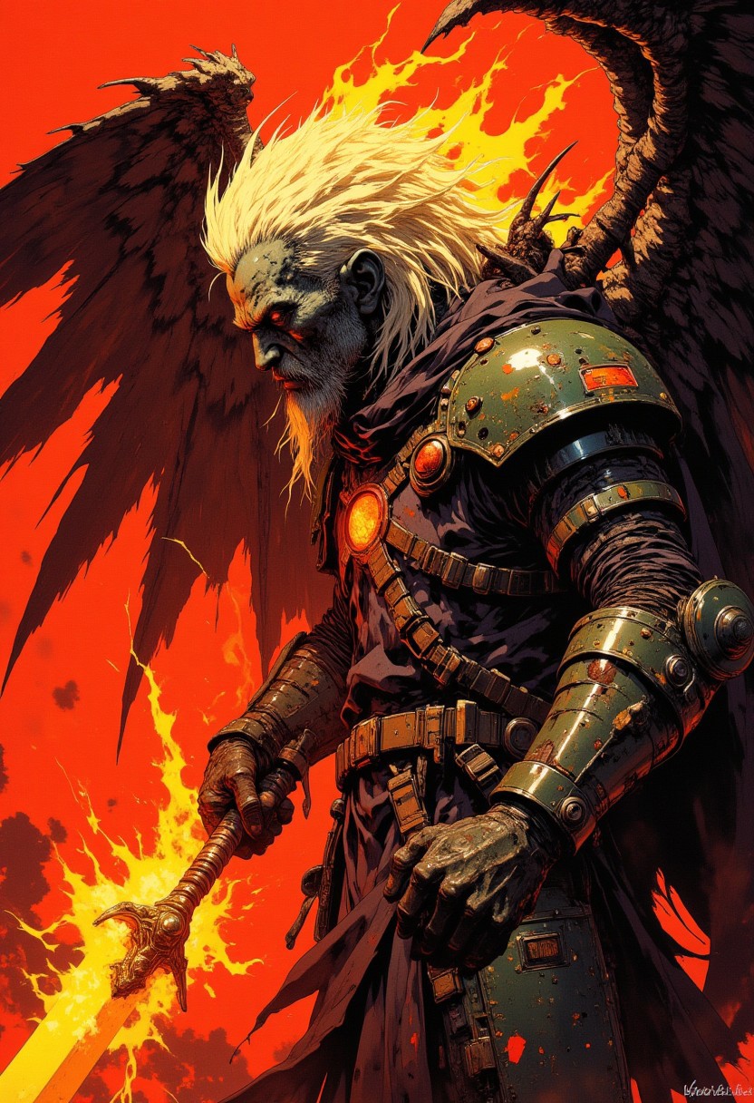 cinematic film still award winning photo .A fallen angel unsheaths his flaming sword to slay his foes. Never again shall gods light illuminate him.Deep depth of field, vignette, highly detailed, high budget, bokeh, cinemascope, moody, epic, gorgeous, film grain, grainy,anime, cyberpunk, Comic book style