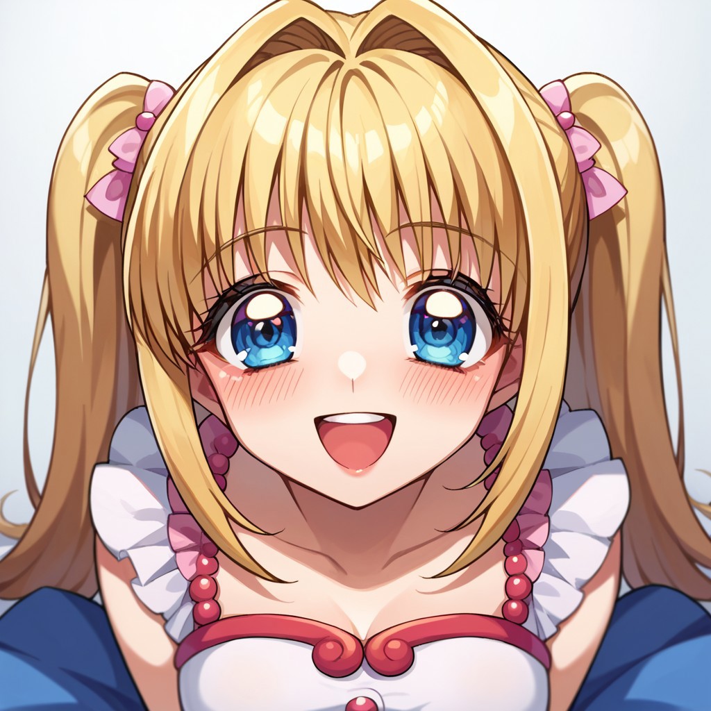 score_9, score_8, score_7, source_anime, nanami lucia, twintails, POV, looking at viewer, blush, smile, open mouth, upper teeth only, 1girl, solo