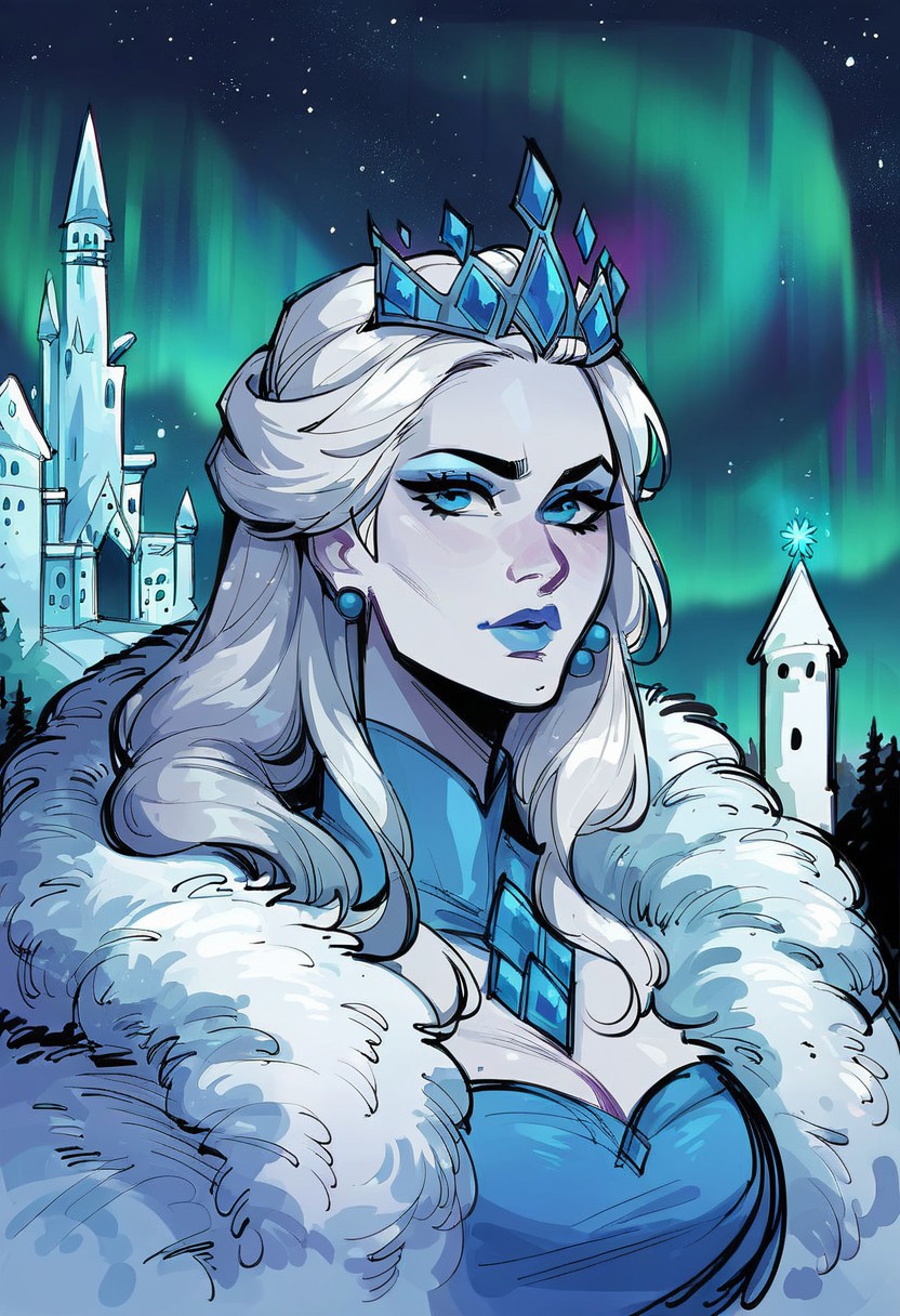 score_9, score_8_up, score_7_up, beauty,woman, snow queen,blue eyes, perfecteyes,  white hair, fur cape,ice castle,pale skin,ice magic,snow,dark atmosphere,lanterns,starry sky,((closed clothing)),aurora borealis,  sketch,