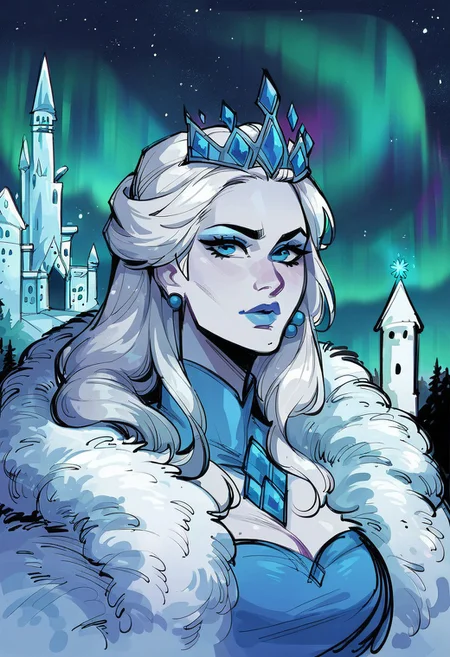 score_9, score_8_up, score_7_up, beauty,woman, snow queen,blue eyes, perfecteyes, white hair, fur cape,ice castle,pale skin,ice magic,snow,dark atmosphere,lanterns,starry sky,((closed clothing)),aurora borealis, sketch,