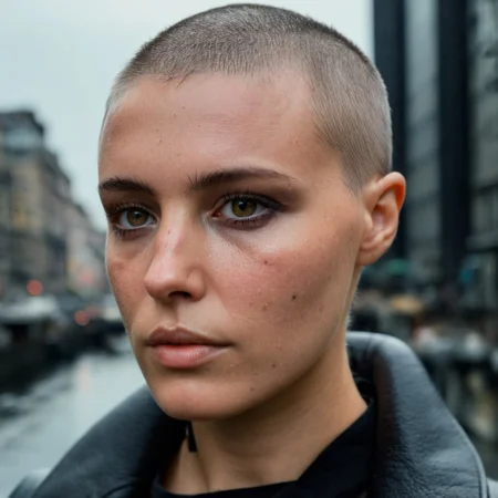 Buzzcut, no hair, bald, Blade Runner style, cinematic film still, (Skin Texture, pores, natural,iPhone,RAW)), natural lighting, Highest Quality closeup Portrait photo of a woman wearing no makeup with a ((buzzcut)), silver eyes, Nikon Z9, realistic matte skin, blurry city in the background, moody, epic, gorgeous, 8K,