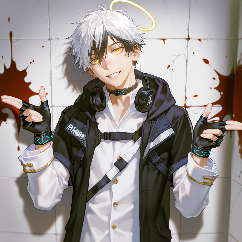 1boy, adnachiel \(arknights\), adnachiel, solo, mature male, tilted halo, yellow eyes, bright pupils, short hair, white hair, black streaked hair, (krenz, quuni, yoneyama mai:1.2), nyalia, depth of field, realistic reflection, tile floor, (blood on wall, blood stain, blood splatter:1.3), white theme, upper body, head tilt, bang \(gesture\), finger gun, looking at viewer, smile, teeth, short over long sleeves, white gakuran, white shirt, gold buttons, collared shirt, white sleeves, sleeve cuffs, choker, black headphones, headphones around neck, black jacket, chest belt, short-sleeved jacket, hood down, bandana around arm, single wristband, open jacket, thigh strap, thigh pouch, fingerless gloves, black gloves, detailed face, perfect eyes, masterpiece, best quality, newest, absurdres, highres, explicit, <lora:å®å¾·åå°Adnachiel7.0 lora-000009.TA_trained:0.8>, <lora:DetailedEyes_xl_V2:1>, <lora:add-detail-xl:2>, <lora:ChamIllustriousBackgroundEnhancer:0.8>,  <lora:nyalia:0.4>