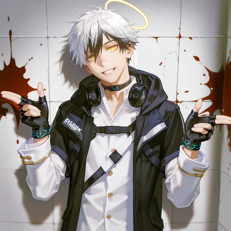 1boy, adnachiel \(arknights\), adnachiel, solo, mature male, tilted halo, yellow eyes, bright pupils, short hair, white hair, black streaked hair, (krenz, quuni, yoneyama mai:1.2), nyalia, depth of field, realistic reflection, tile floor, (blood on wall, blood stain, blood splatter:1.3), white theme, upper body, head tilt, bang \(gesture\), finger gun, looking at viewer, smile, teeth, short over long sleeves, white gakuran, white shirt, gold buttons, collared shirt, white sleeves, sleeve cuffs, choker, black headphones, headphones around neck, black jacket, chest belt, short-sleeved jacket, hood down, bandana around arm, single wristband, open jacket, thigh strap, thigh pouch, fingerless gloves, black gloves, detailed face, perfect eyes, masterpiece, best quality, newest, absurdres, highres, explicit, <lora:å®å¾·åå°Adnachiel7.0 lora-000009.TA_trained:0.8>, <lora:DetailedEyes_xl_V2:1>, <lora:add-detail-xl:2>, <lora:ChamIllustriousBackgroundEnhancer:0.8>, <lora:nyalia:0.4>