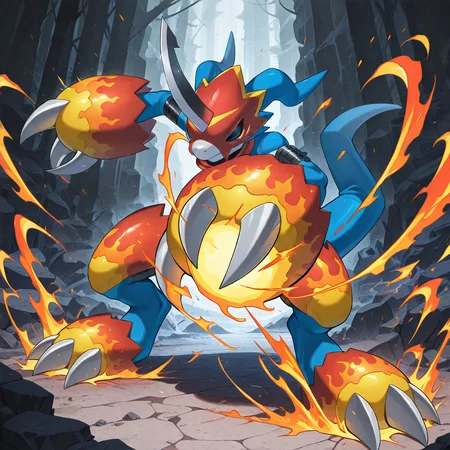 absurdres,highres,masterpiece,best quality,amazing quality,IllusP0s,<lora:Dramatic Lighting Slider:2.5>,<lora:StS-Illustrious-Detail-Slider-v1.0:3>,<lora:Flamedramon:1>,fl4dr4m0n,(digimon),claws,horns,tail,blue skin,(standing:1.4),facing viewer,1boy,solo,dashing,punching,fists covered in fire,