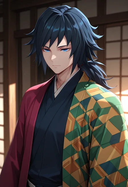 masterpiece, best quality, , (3d:0.4), , 1boy, solo, male focus, <lora:giyuu_tomioka_ilxl:0.96>, giyuu_tomioka, black hair, blue eyes, bangs, long hair, low ponytail, japanese clothes, haori, , ,