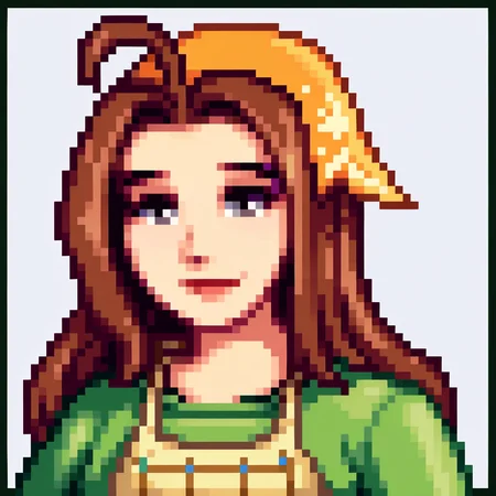 score_9, score_8_up, score_7_up, source_anime, BREAK, solo, 1girl, smile, looking at viewer, <lora:Stardew-Valley-Portraits-pdxl_Fp:1>, portrait, simple background, pixel art, white background, <lora:Celia-pdxl_Fp:0.8>, celiahm, brown hair, grey eyes, ahoge, long hair, bandana, green shirt, apron, skirt, head tilt,