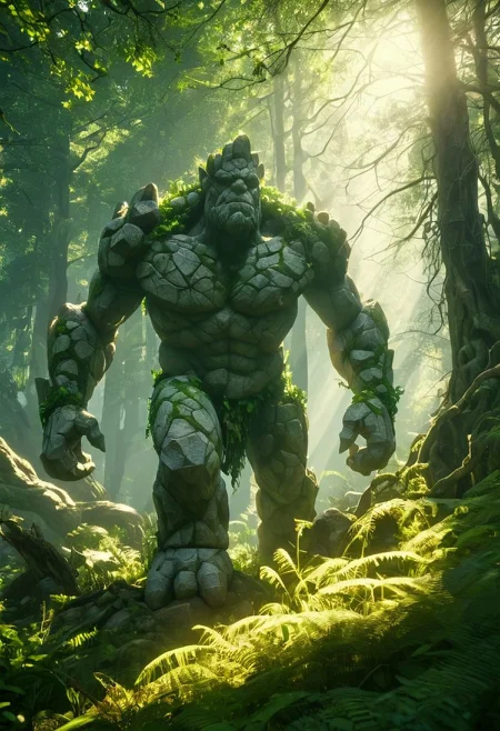cinematic shot of stone giant walking in lush forest, dappled sunlight, high resolution