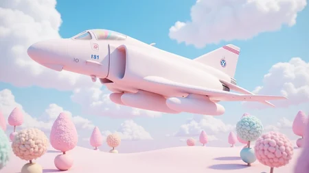 <lora:f-4-phantom-ii-flux-d:1.3>
The F-4_Phantom_II appears in a soft, fluffy form, as if made entirely of marshmallow. Its surface is glossy and pillowy, with pastel tones. It floats above a dreamy candyland with lollipop trees and sugary clouds. The atmosphere is playful and surreal, evoking childlike joy and sweet absurdity.