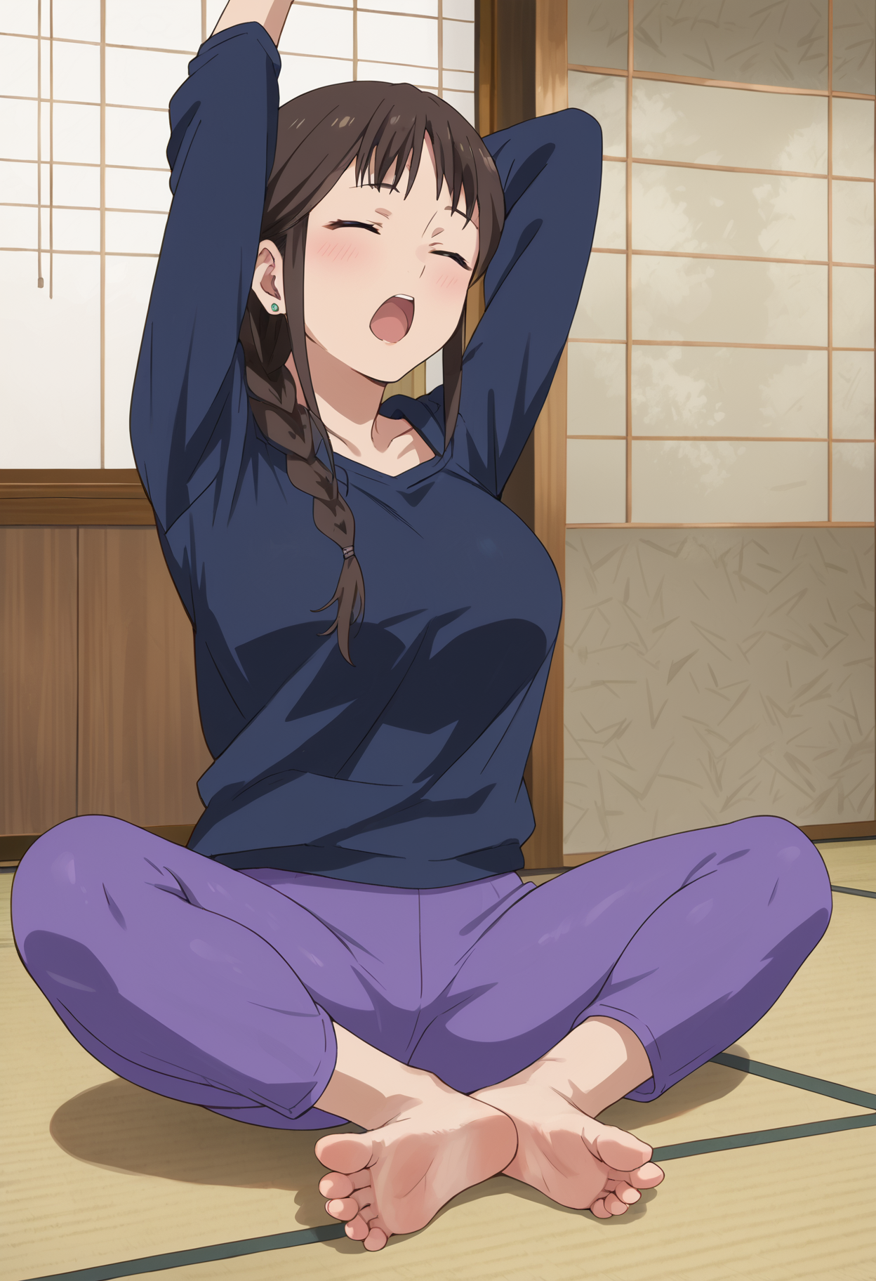 <lora:segawamisato_ponyV2_new6:1>segawamisato, 1girl, solo, hair over shoulder, long hair, brown hair, stud earrings, purple leggings, single braid, , blue hoodie,  , large breasts,  , on floor, sitting, barefoot, (feet focus:1.5),, tatami, stretching, closed eyes, , arms up, open mouth,full body, long sleeves,, , score_9, score_8_up, score_7_up, score_6_up, score_ANIME,