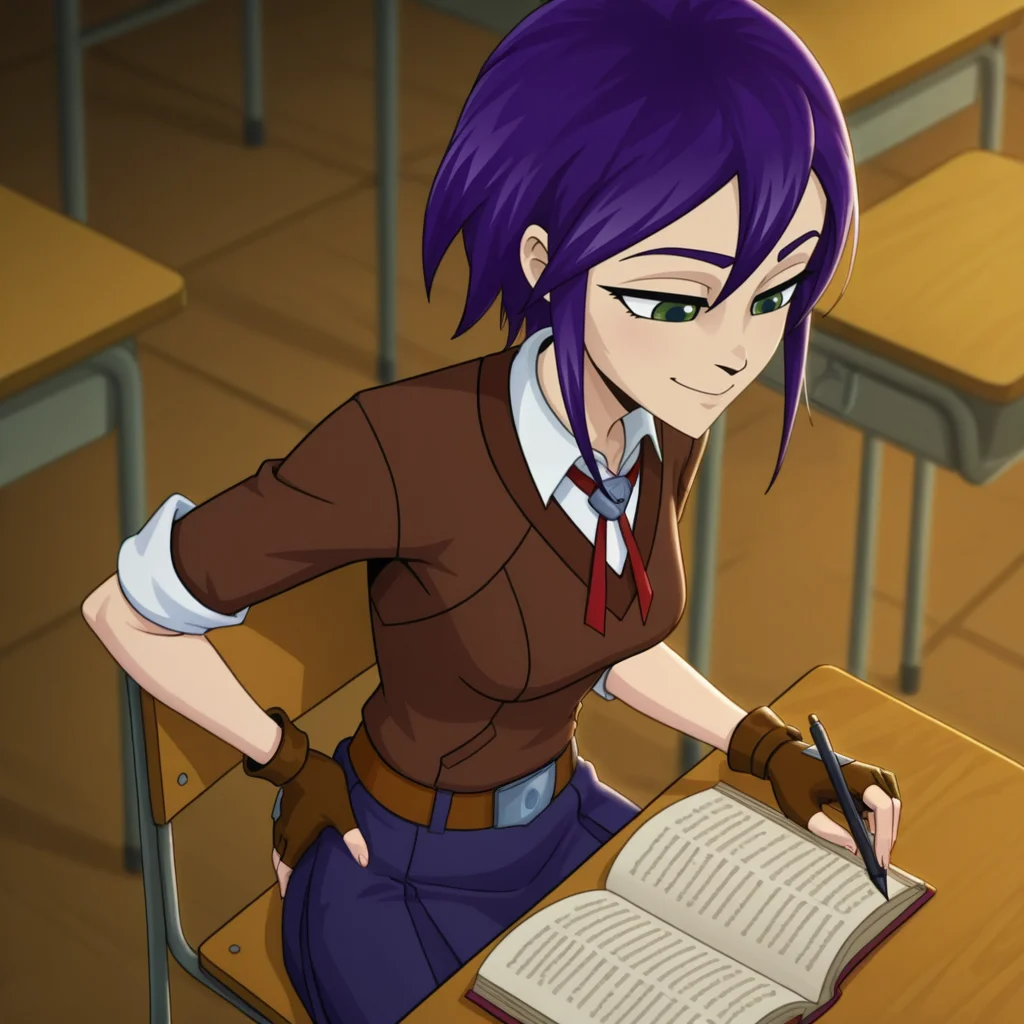 1girl, solo,
absurdres, high quality, masterpiece, anime screencap, 8k, absurd res, cinematic lighting,
detailed face, looking down, smile, looking away, writing in a open book,
in a classroom, hand on own hip,
sitting on school chair, from above,
<lora:Starling:1> starlingsh, purple hair, green eyes, fingerless gloves, school uniform,