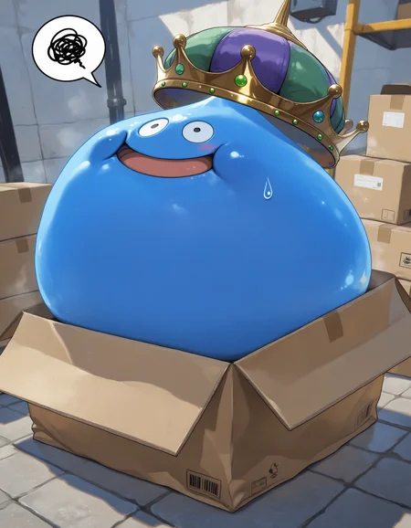 SmoothNoob_Quality,masterpiece,extreme detailed,full_body,indoor BREAK 1other,no humans,king slime,slime \(creature\),crown,:D,open mouth,blue skin,blush,<lora:NOOB_vp1_detailer_by_volnovik_v1:1>,<lora:king slime-NAI:1>,cardboard box,in_box,sweatdrop,spoken squiggle,