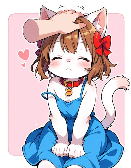 (score_9,score_8_up:1.1),score_7_up, high quality,
Regalia6666, 1girl, animal ears, tail, furry female, furry, closed eyes, cat ears, short hair, sitting, headpat, body fur, brown hair, cat tail, dress, hair bow, bow, heart, blush, solo focus, :<, collar, disembodied limb, strap slip, cat girl, blue dress, red bow, white fur