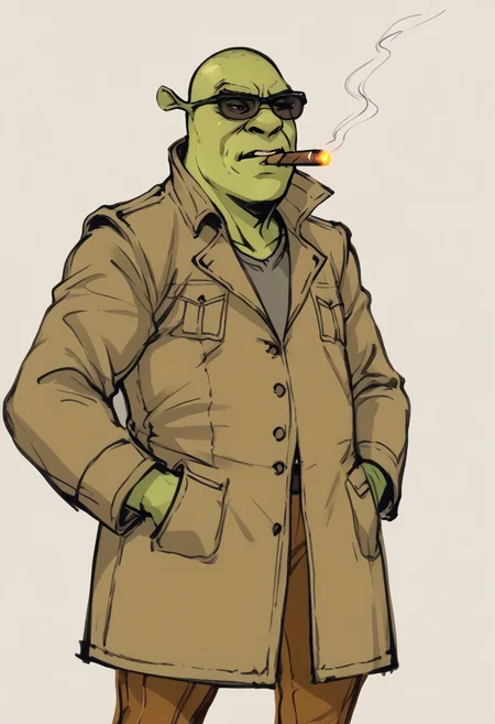 score_9, score_7_up BREAK sketch,shrek, green skin,male focus,simple background,trench coat,cigar, sunglasses,cowboy shot,military,hands in pockets <lora:Yoji:1> <lora:Shrek_XLPD:0.8>