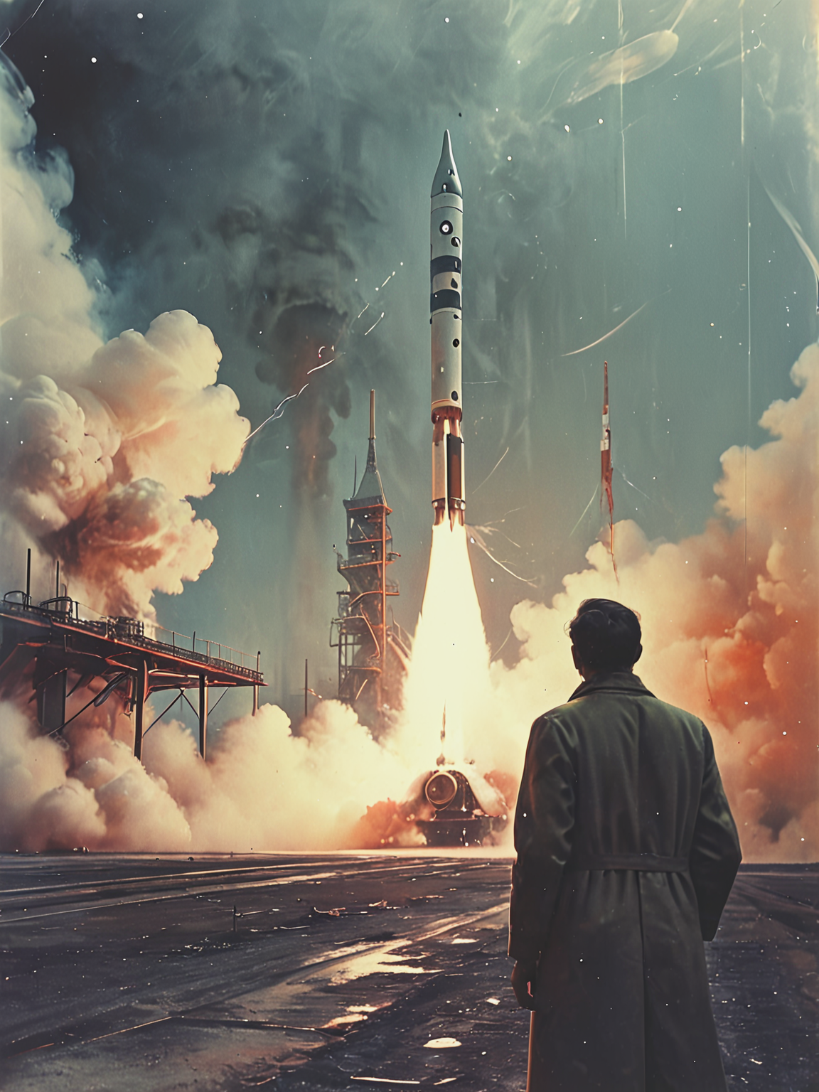 35mm Vintage photo of scientist, in the background there is a rocket ready for launch, smoke is coming out of the nozzle, retro futurism, art by Bruce McCall
 <lora:Vintage_Street_Photo:0.9>
